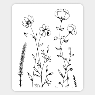 Simple Black and White Flowers and Leaves Design Magnet